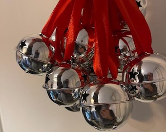Silver Jingle Bells: 60mm Christmas Tree Ornaments with Red Ribbon