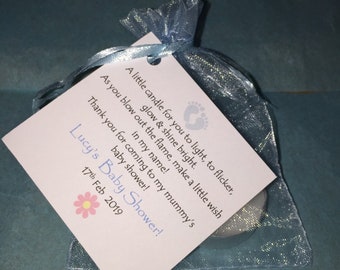 Spersonalizowane etykiety na upominki na baby shower i woreczki z organzy