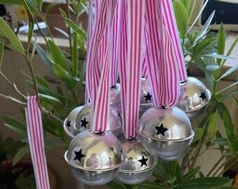 Metallic Silver Jingle Bells: Christmas Tree Ornaments with Striped Ribbon