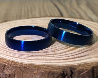 His and his Handmade Blue Customized Dome shape rings, Matching Wedding Bands, Couple Rings Set, Titanium Anniversary Rings Set