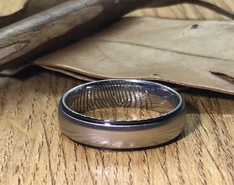 Your Actual Fingerprint Ring Handmade Men Ring  Two Tone Silver Black Titanium Ring Custom Promise Ring Anniversary Gift Dome Shape 6mm