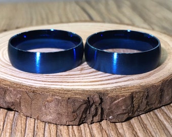 His and his Handmade Blue Customized Matt Dome shape rings, Matching Wedding Bands, Couple Rings Set, Titanium Anniversary Rings Set