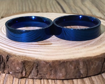 His and his Handmade Blue Flat Plain Matching Wedding Bands, Couple Rings Set, Titanium Rings Set, Anniversary Rings Set