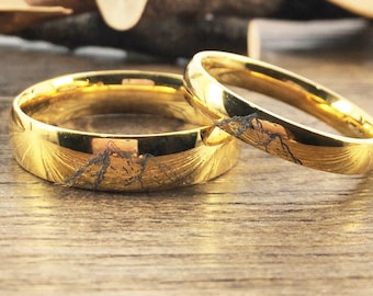 Handmade Your Drawings Ring Unique Wedding Bands Gold Titanium Wedding Ring Set Couple Anniversary Ring Set Polished Dome Shape 4mm 6mm
