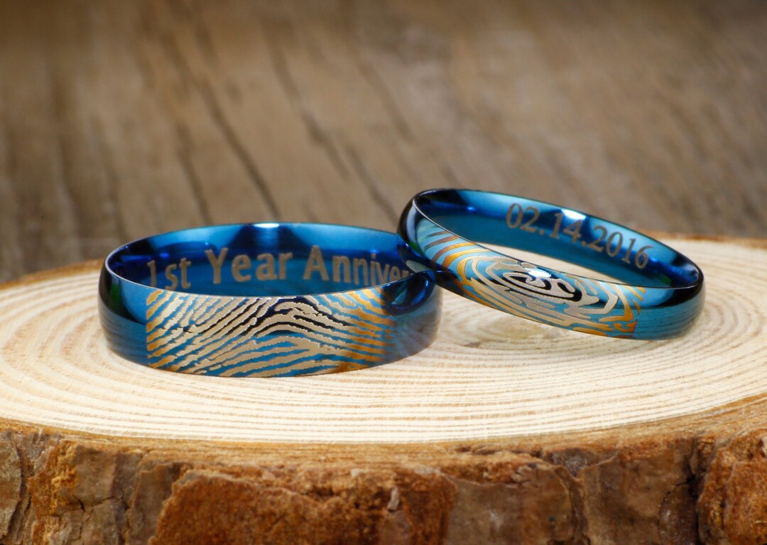 Blue Wedding Band, Custom Fingerprint Ring, Wedding Engagement Titanium ...
