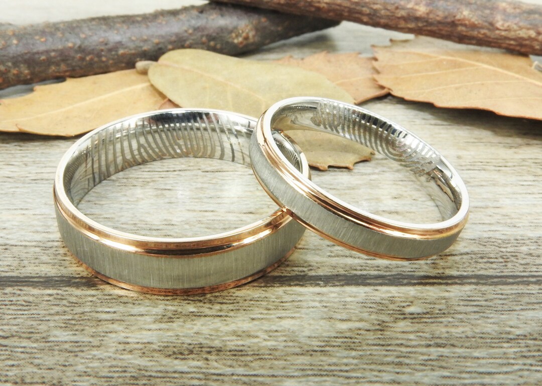 Inner Fingerprint Rings, Unique Rose Gold Matte Wedding Bands, Couple ...