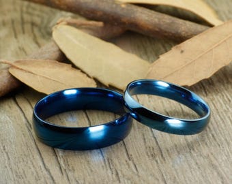 Handmade Blue Dome Plain Matching Wedding Bands, Couple Rings Set, Titanium Rings Set, Anniversary Rings Set