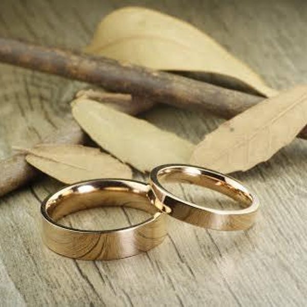 18K Gold Filled Flat Polished Finish, Matching Wedding Bands, Couple Rings Set, Titanium Rings Set, Anniversary Rings Set