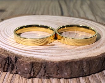 Hers and Hers 18K Gold Filled Flat Polished Finish, rings, Couple Rings Set, Titanium Rings Set, Anniversary Rings Set