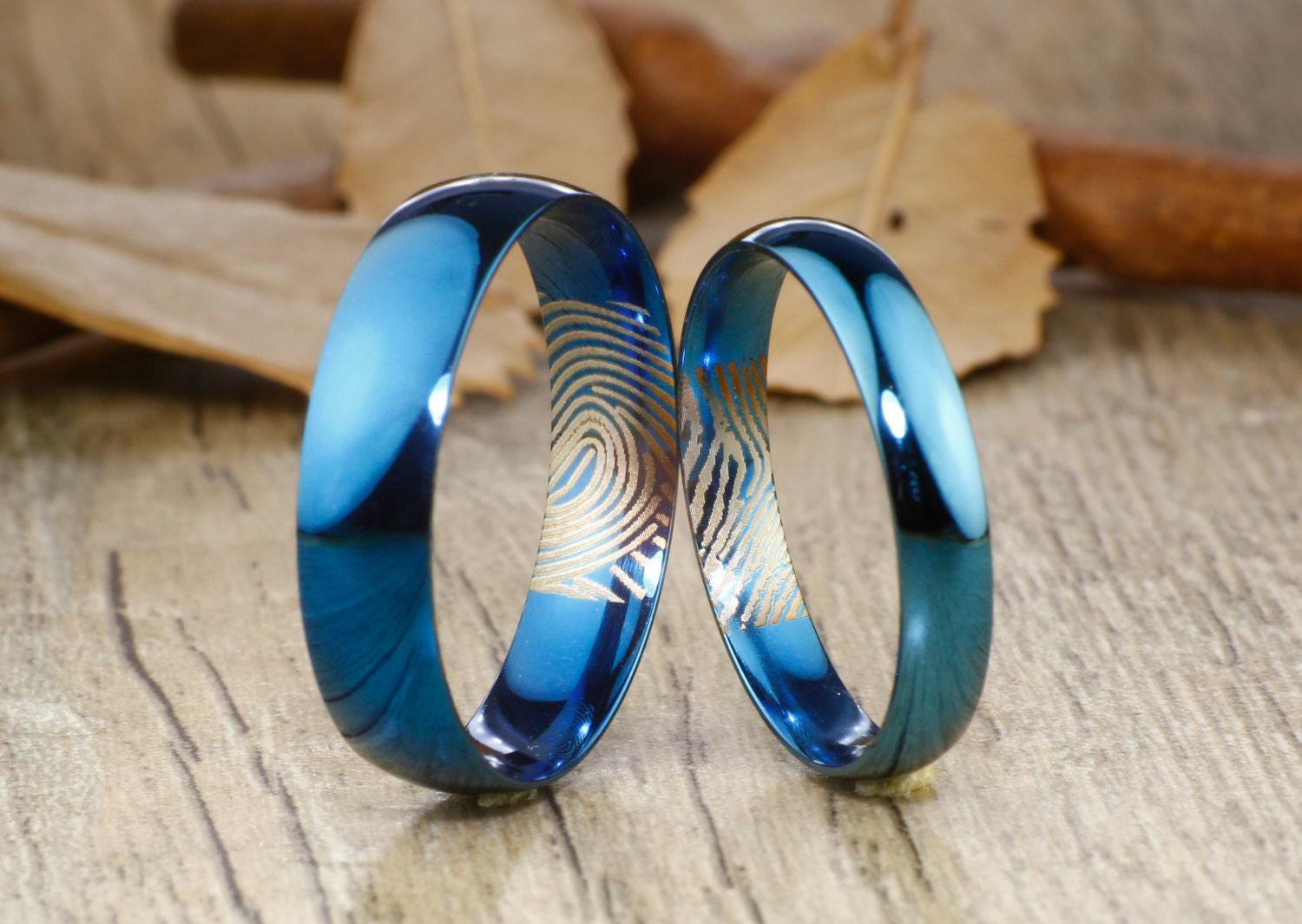 Your Actual Finger Print Rings, Handmade Blue Anywords His&her Matching ...