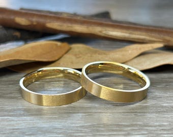Hers and Hers Handmade Flat Gold Dome Plain Matt rings, Couple Rings Set, Titanium Rings Set, Anniversary Rings Set