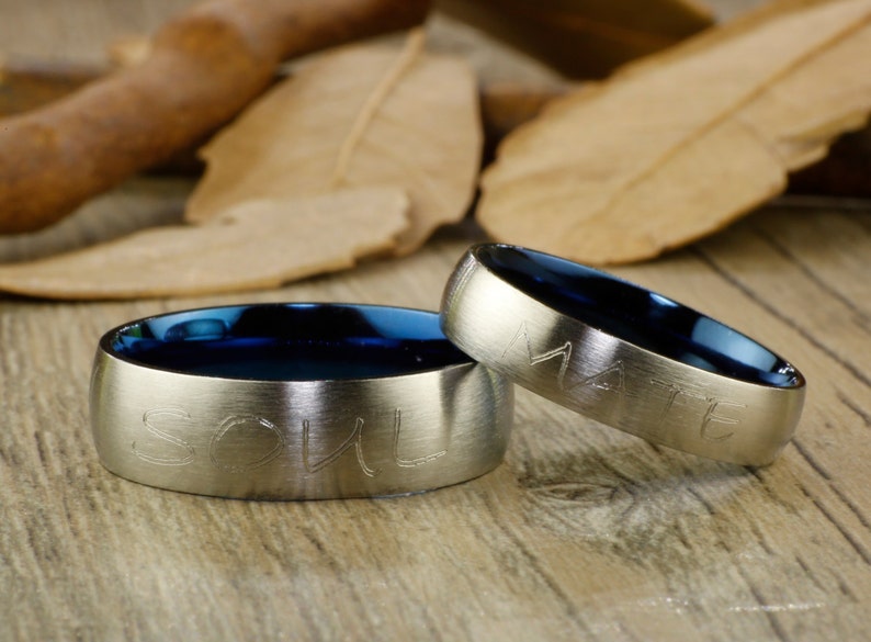Couple Rings Set Handmade Blue Customized Matte Wedding Bands Titanium Rings Set Anniversary Rings Set