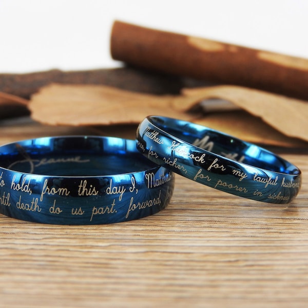 Handmade Your Marriage Vow & Signature Rings Wedding Rings, Blue Matching Wedding Bands, Titanium Couple Rings Set