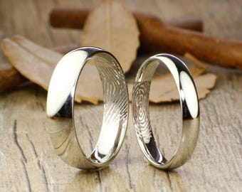 Your Actual Finger Print Rings, His and Hers Matching White Gold Polish Wedding Bands Rings 6mm and 4mm Wide Titanium Rings Set