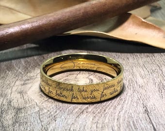 Handmade Your Marriage Vow & Signature Ring Gold Unique Titanium Wedding Ring Couple Ring Men Ring His Ring Polished Flat Shape 6mm