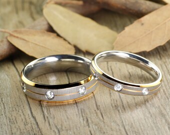 Handmade Two Tone White Gold & Gold Groom and Bride Wedding Anniversary Engagement Titanium Rings Set Court Shape