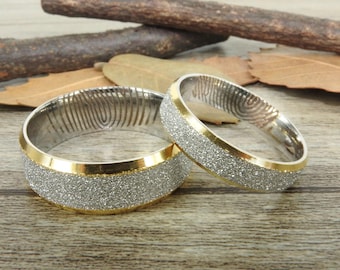 Your Actual Finger Print Rings, His and Her Rings, WEDDING RING - Personalized Matt Two Tone Gold Wedding Titanium Rings Set