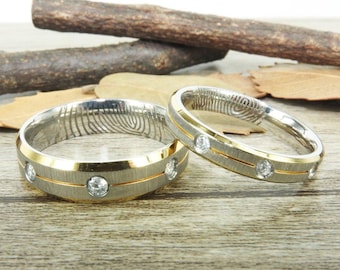 Personalized Fingerprint Rings, His and Her Rings, Couple Wedding Ring, Personalized Matt Two Tone Gold Wedding Titanium Rings Set