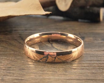 Bague de mariage unique fabriquée à la main, or rose et titane, bague de promesse pour femme, bague d'anniversaire pour couple, finition polie, forme de dôme 4 mm
