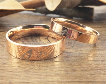 Handmade Your Drawings Ring Unique Wedding Band Rose Gold Titanium Wedding Ring Set Couple Anniversary Ring Set Polished Flat Shape 4mm 6mm