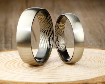 Your Actual Finger Print Rings, WEDDING RING - Personalized Matt Two Tone Black Wedding Titanium Rings Set