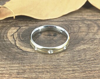 Bague avec empreintes digitales faite main pour femme, bicolore, argent, or, cz, diamant, titane, bague de promesse, cadeau d'anniversaire en forme de dôme, 4 mm