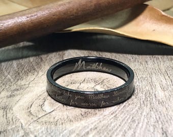 Handmade Your Marriage Vow & Signature Rings Wedding Rings Titanium Marriage Ring Black Wedding Bands Couple Anniversary Ring Flat Shape 4mm