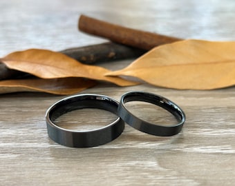 His and Her Promise Rings - Personalized Black Brushed Matching Wedding Titanium Rings Set