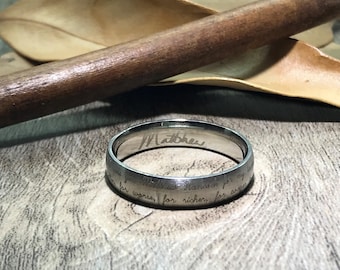 Handmade Your Marriage Vow & Signature Ring Silver Matte Titanium Wedding Ring Couple Ring Women Ring Bridal Ring Dome Shape 5mm