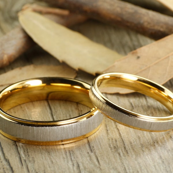 Handmade Gold Matte Wedding Bands, Couple Rings Set, Titanium Rings Set, Anniversary Rings Set