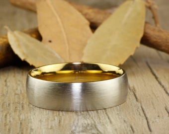 Customized Handmade Men Dome RINGS - Two Tone Gold Titanium Ring 7mm