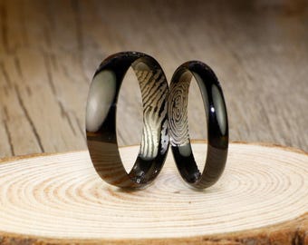 Your Actual Finger Print Rings, Handmade Black Dome Plain Finger Print Rings, Matching Wedding Bands, Couple Rings Set, Titanium Rings Set