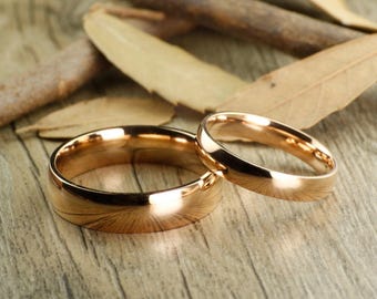 Handmade Champagne Gold Dome Plain Matching Wedding Band, Couple Rings Set, Titanium Rings Set, Anniversary Rings Set