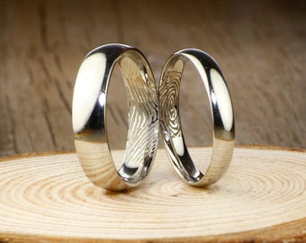 Your Actual Finger Print Rings, His and Hers Matching White Gold Polish Wedding Bands Rings 6mm and 4mm Wide Titanium Rings Set