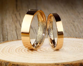 Custom Inner Fingerprint Rings, Simple Rose Gold Flat Wedding Bands, Couple Engraved Rings Set, Titanium Rings Set, Anniversary Rings Set