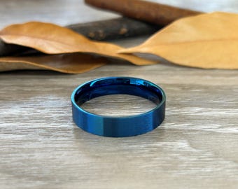 Handmade Blue Brushed Wedding Band, Men Ring, Couple Ring, Titanium Ring, Anniversary Ring