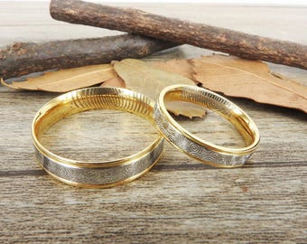 Custom Inner Fingerprint Rings, Handmade Gold Wedding Bands, Unique Couple Rings Set, Titanium Rings Set, Anniversary Rings Set