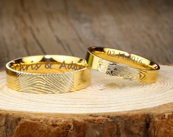 Actual Fingerprint Rings, Handmade Couple Matching Rings, Engraved 18K Gold Wedding Engagement Rings Set