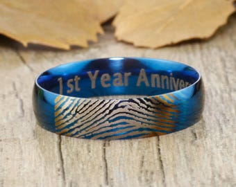 Your Actual Finger Print Rings, WEDDING RING - Men Ring, Blue Dome Titanium Rings 6mm