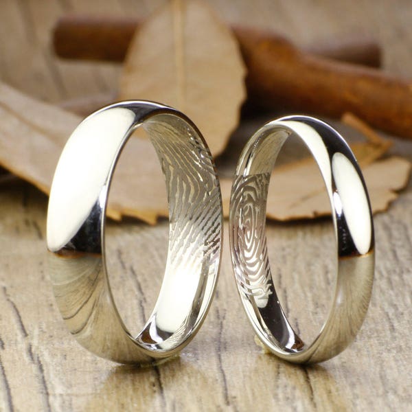 Custom Fingerprint Ring, Modern Wedding Bands, Titanium Rings Set, Unique Men and Women Wedding Ring
