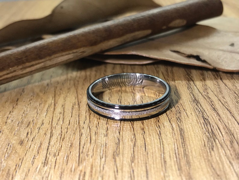 Your Actual Finger Print Ring Handmade Women Ring Two Tone Black Silver Titanium Ring Promise Ring Anniversary Gift Dome Shape 4mm