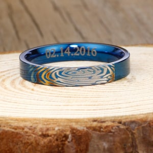 Your Actual Finger Print Rings, WEDDING RING - Blue Titanium Rings 4mm