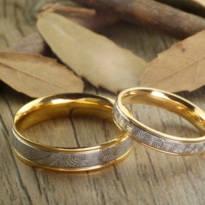 18K Gold Hand Make His & Hers Matching Pattern Wedding Engagement Anniversary Titanium Rings Set Court Shape image 1