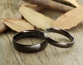 Handmade Black Titanium Wedding Band Set: Plain Couple Rings