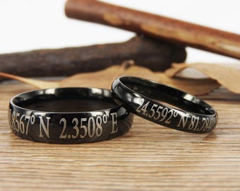 Custom Coordinate Jewelry - Engraved Titanium Rings Set - Coordinates Rings, Personalized Latitude Longitude Jewelry