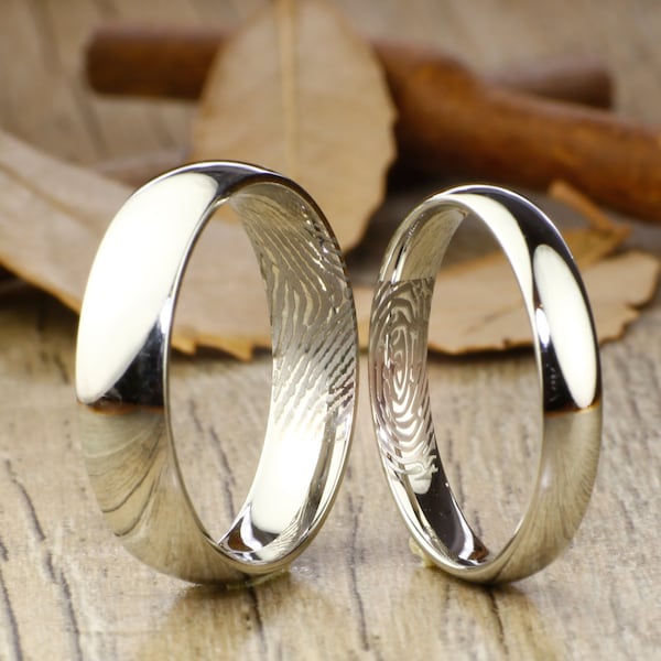 Your Actual Finger Print Rings, His and Hers Matching White Gold Polish Wedding Bands Rings 6mm and 4mm Wide Titanium Rings Set