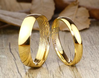 Your Actual Finger Print Rings, His & Hers Mens Womens Matching 18K Gold Wedding BandsTitanium Rings Set Free Engraving New
