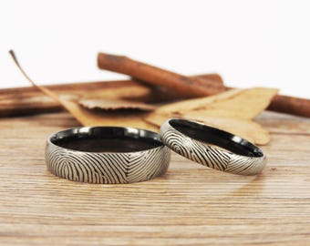 Personalized Fingerprint Rings, Unique Couple Rings, Matching FingerPrint Ring, Black Wedding Titanium Rings Set