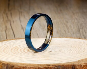 Your Actual Finger Print Rings, Handmade Blue Flat Plain Finger Print Ring, Wedding Band, Women Ring, Couple Ring, Titanium Ring