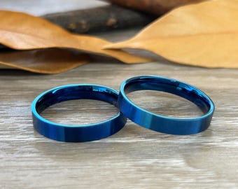 Hers and Hers Handmade Blue Customized Matt Flat shape rings, Matching rings, Couple Rings Set, Titanium Anniversary Rings Set